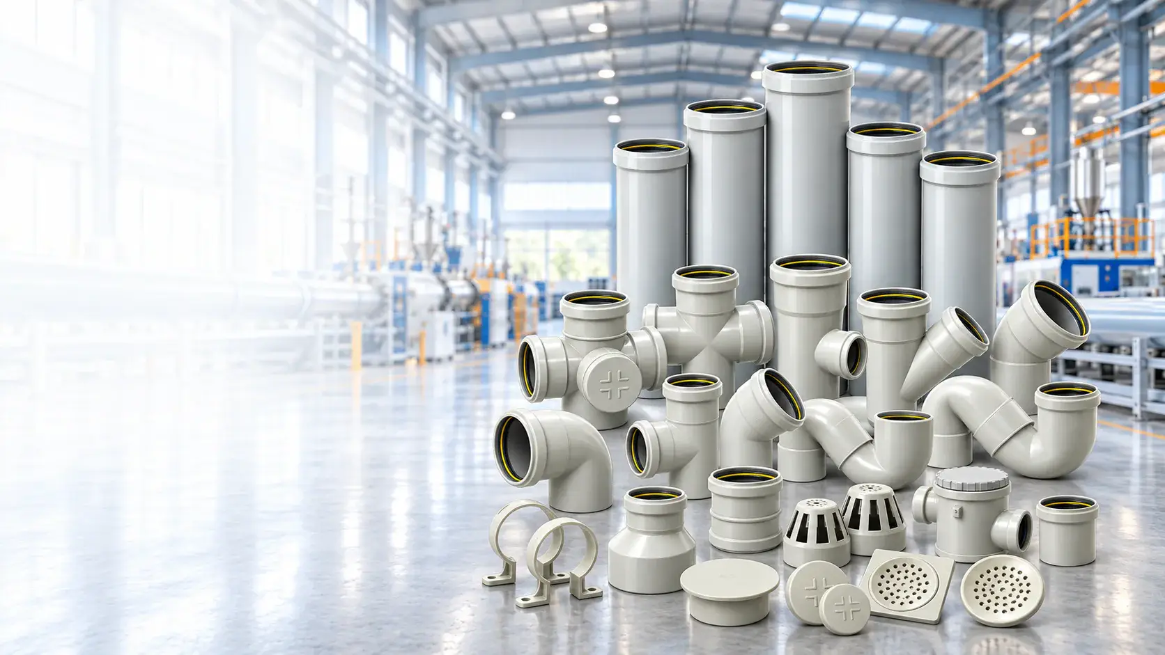 Sanghavi Unbreakable drainage and plumbing pipes and fittings displayed in a modern manufacturing facility