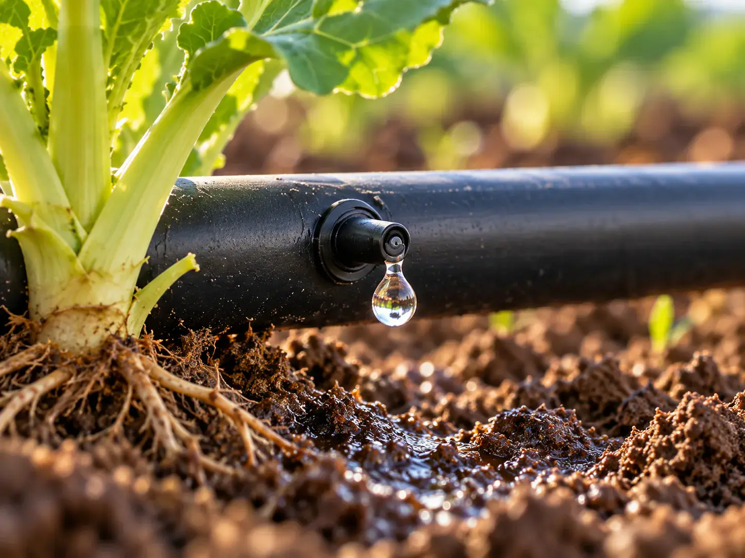 Drip irrigation emitter delivering water beside a growing crop