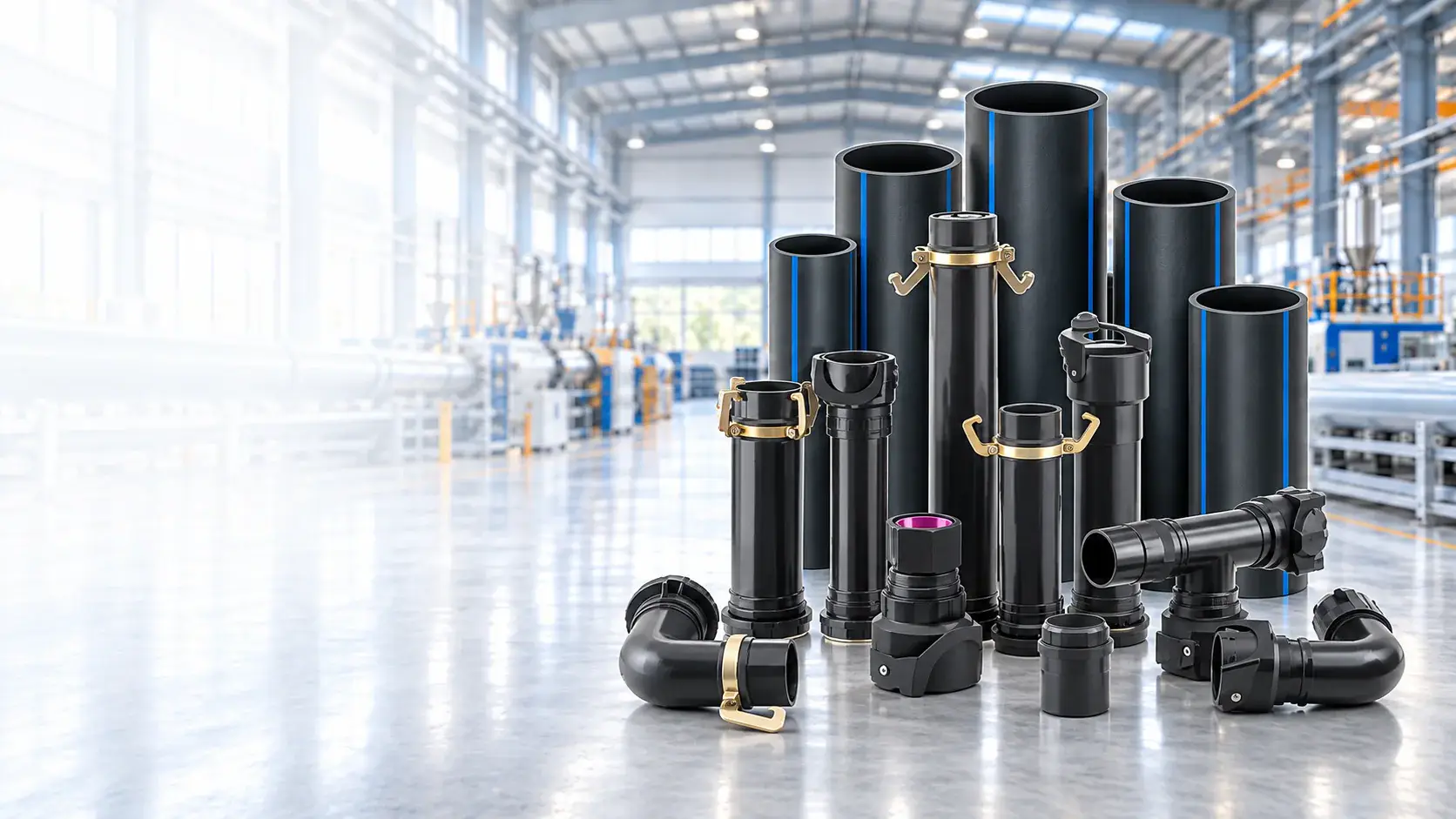 Sanghavi Unbreakable HDPE pipes and sprinkler fittings arranged inside a modern manufacturing facility