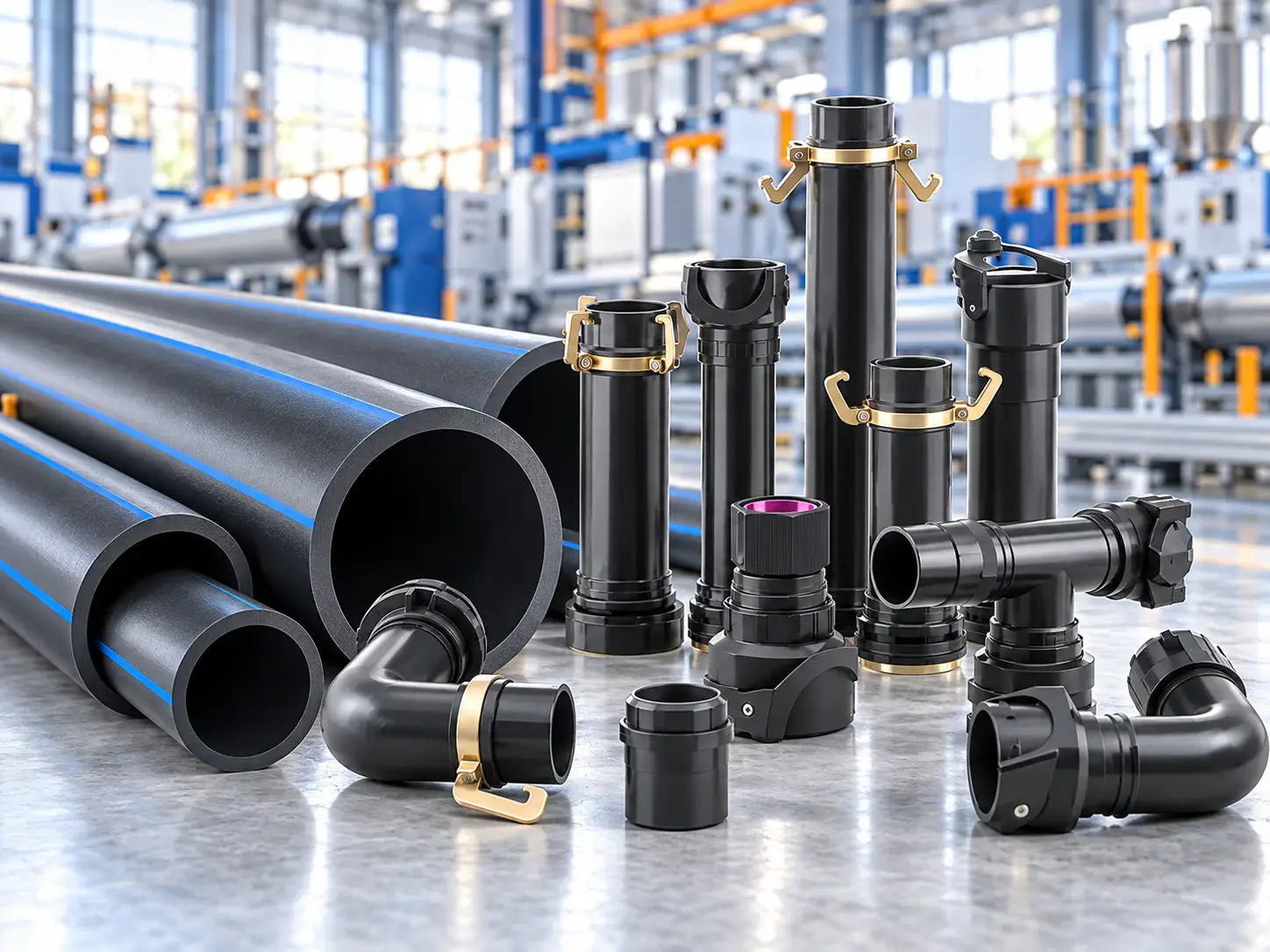 Sanghavi Unbreakable HDPE pipes and sprinkler fittings arranged inside a modern manufacturing facility