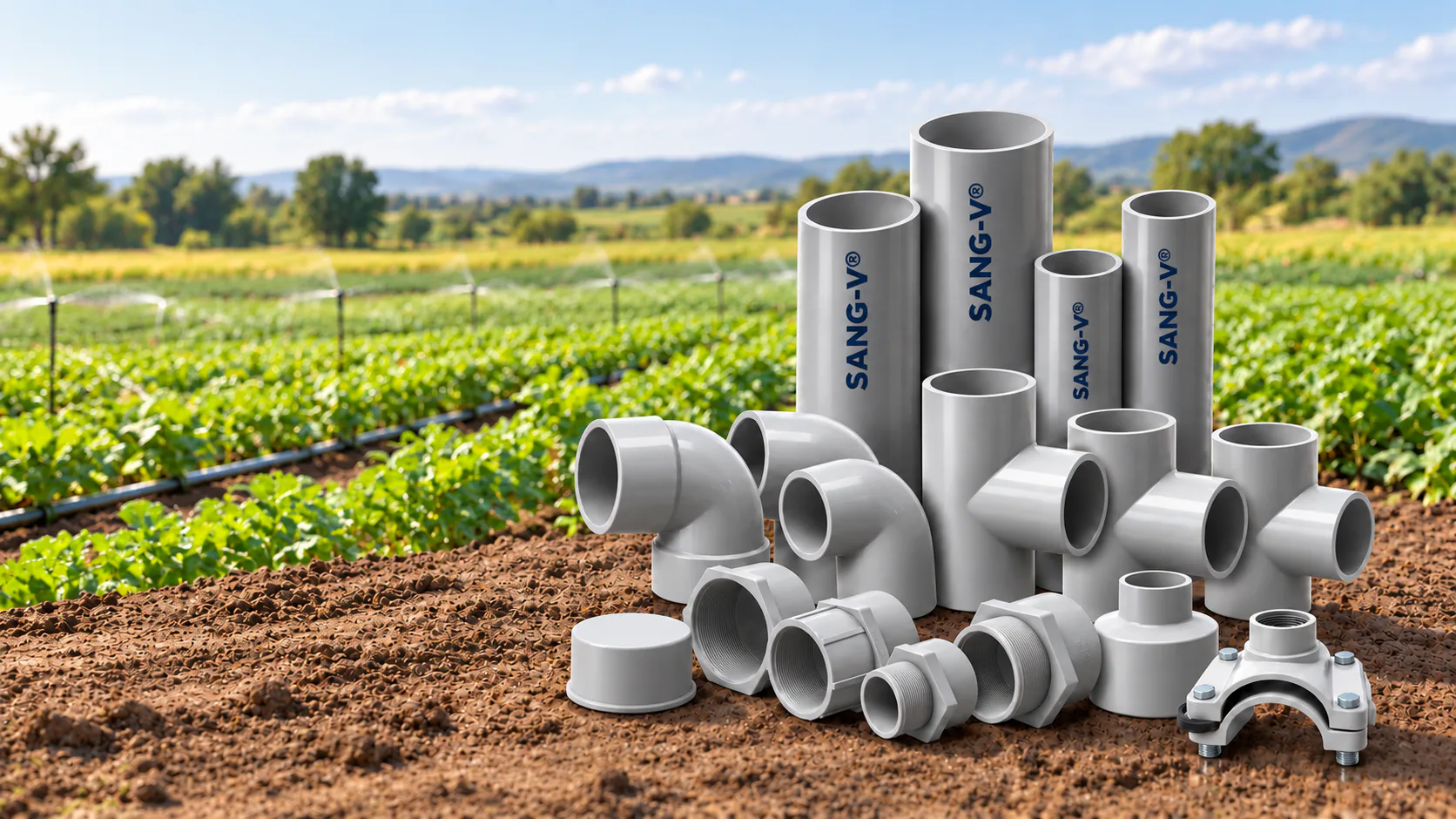 ISI PVC agricultural pipes and fittings displayed beside an irrigated field