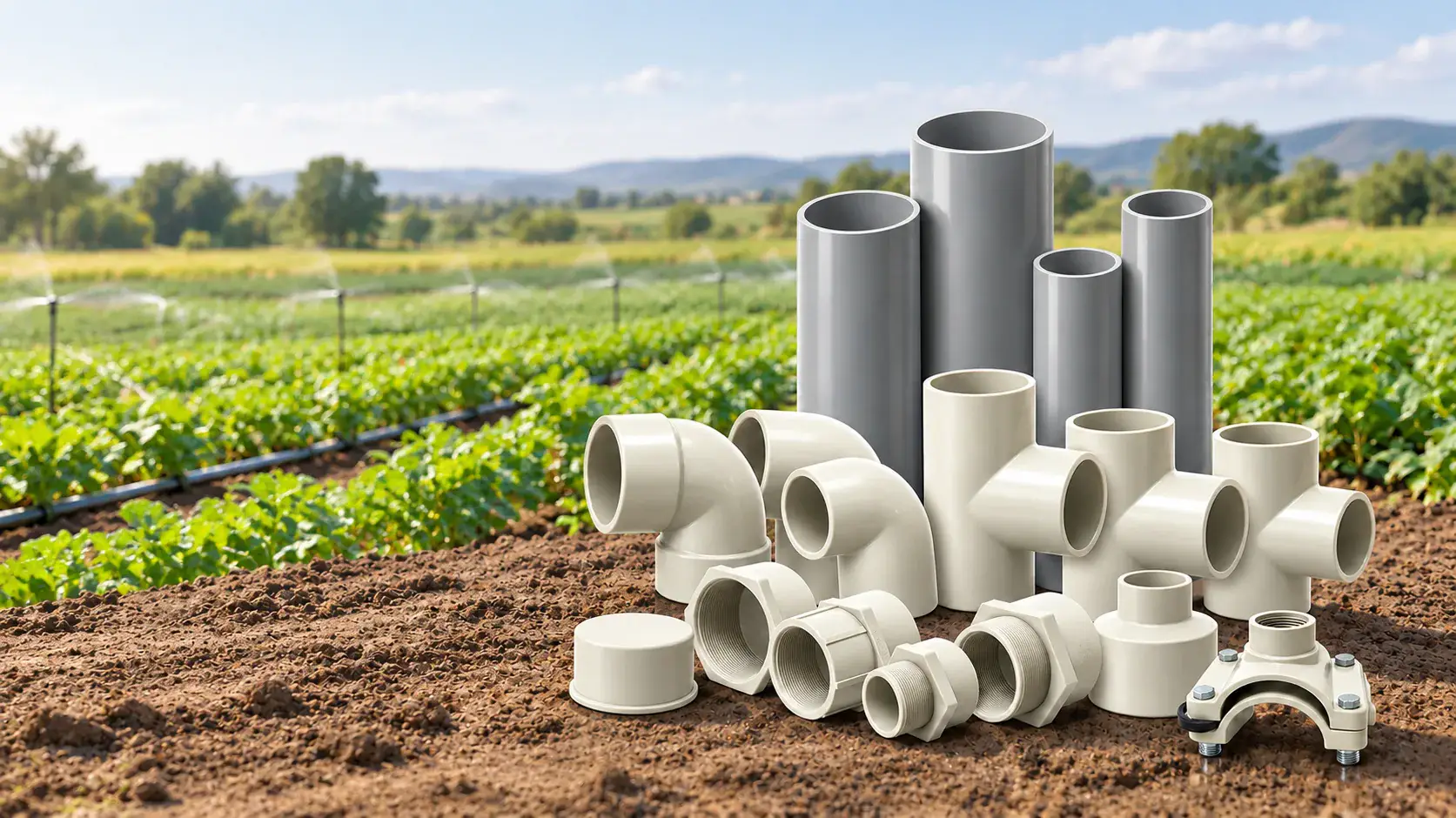 ISI PVC agricultural pipes and fittings displayed beside an irrigated field