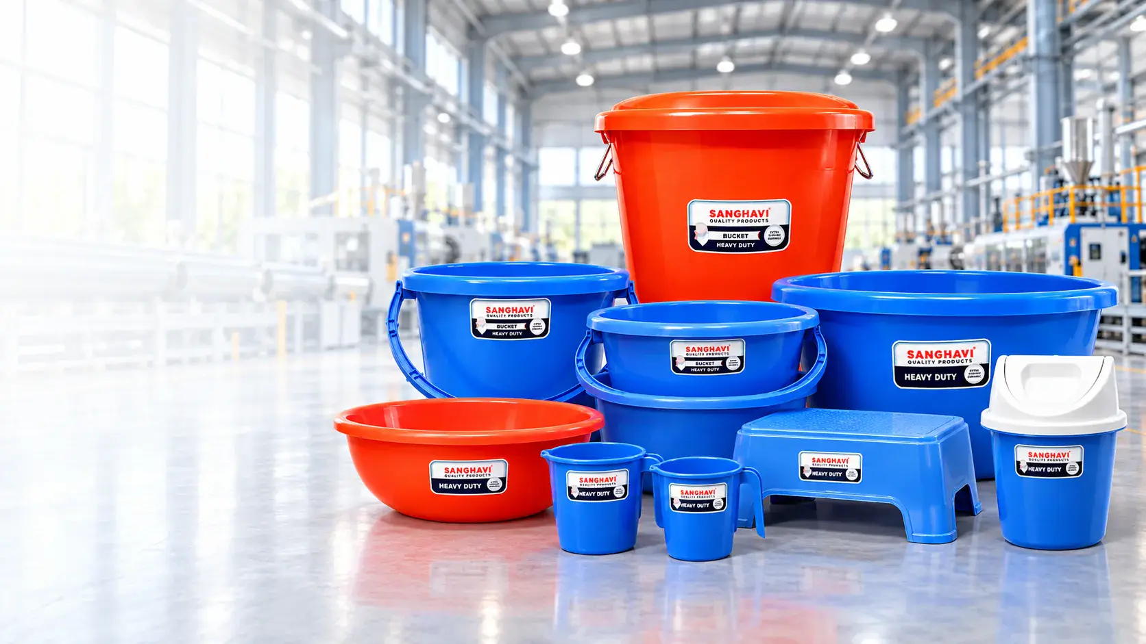 Sanghavi Unbreakable household and utility plastic products arranged inside a modern manufacturing facility
