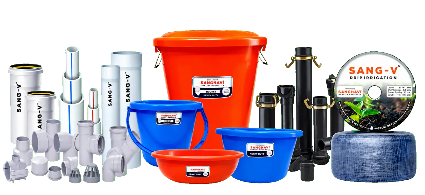 SANG-V pipes, fittings, irrigation components, buckets and plastic utility products.