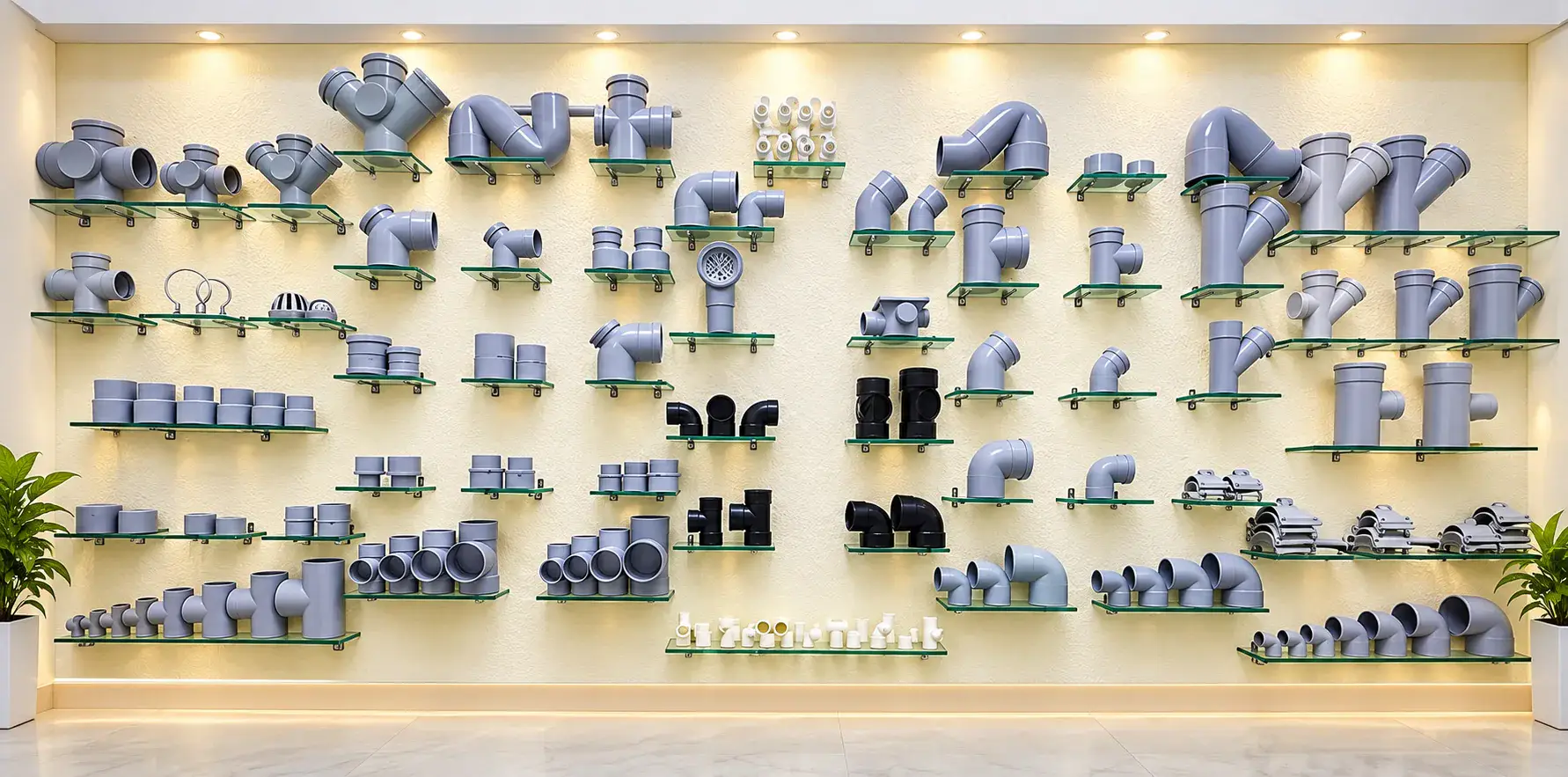 SANG-V drainage and plumbing fittings displayed in a showroom