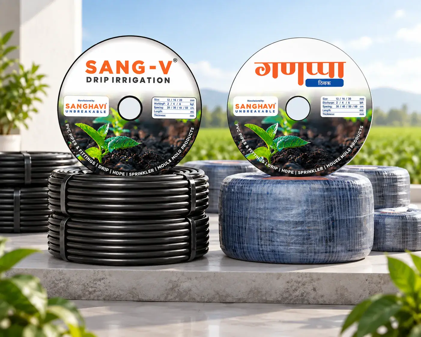 SANG-V drip irrigation coils displayed for agricultural use