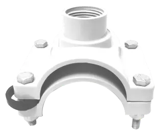 White PVC service saddle with fasteners