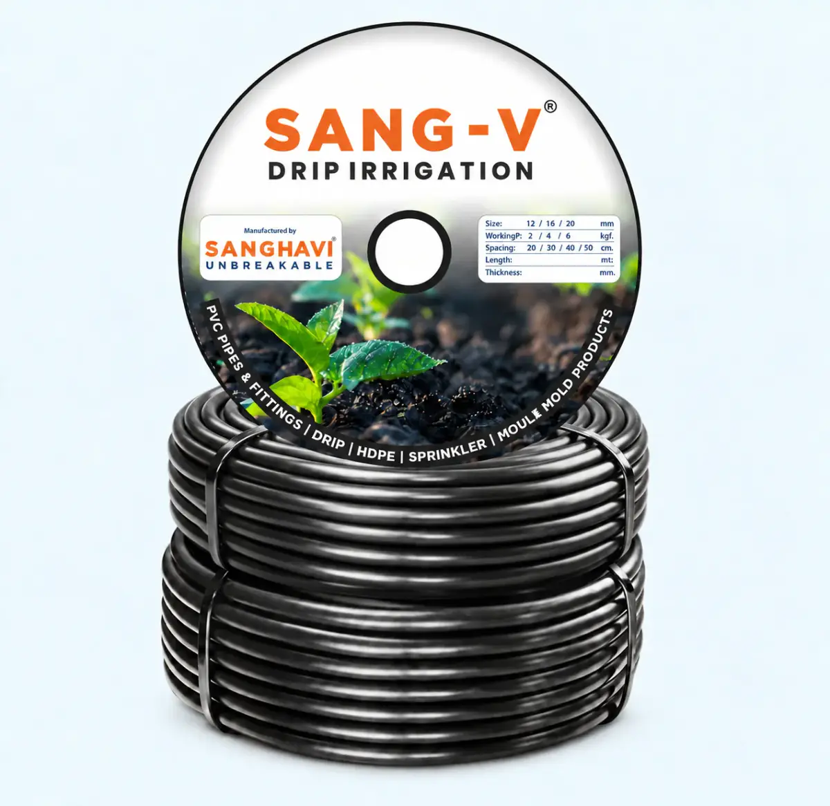 SANG-V round drip irrigation pipe coils with branded product disc
