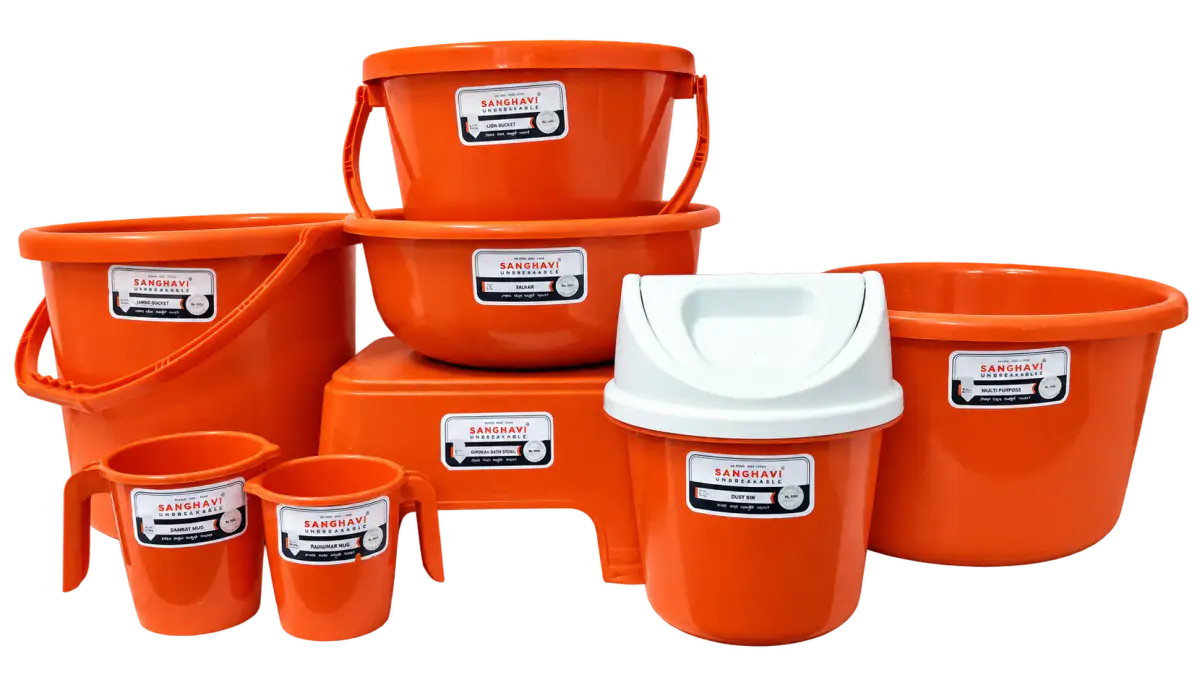 Complete Sanghavi Unbreakable Bathroom Set with buckets, tubs, mugs, stool and dustbin