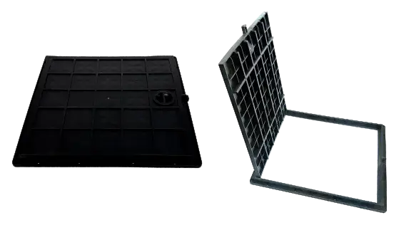 Closed and open black Sanghavi Unbreakable man-hole covers